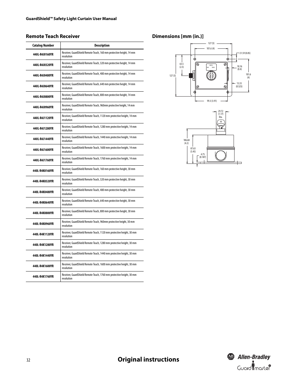 Original instructions, Remote teach receiver dimensions [mm (in.), Guardshield™ safety light curtain user manual | Rockwell Automation 440L GuardShield Type 4 and Remote Teach User Manual User Manual | Page 34 / 44