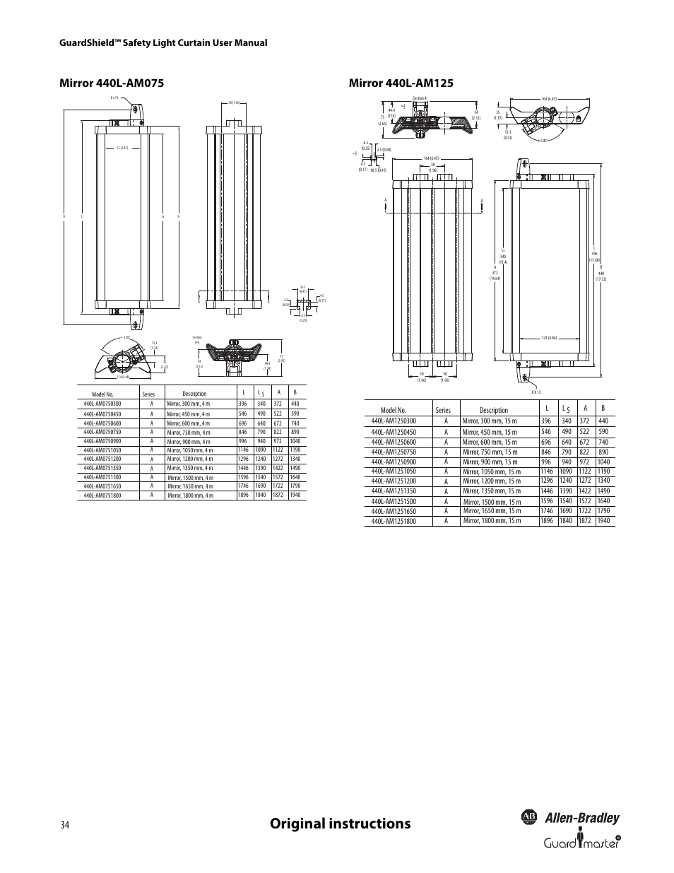 Original instructions, Guardshield™ safety light curtain user manual | Rockwell Automation 440L GuardShield Type 4 and Remote Teach User Manual User Manual | Page 36 / 44