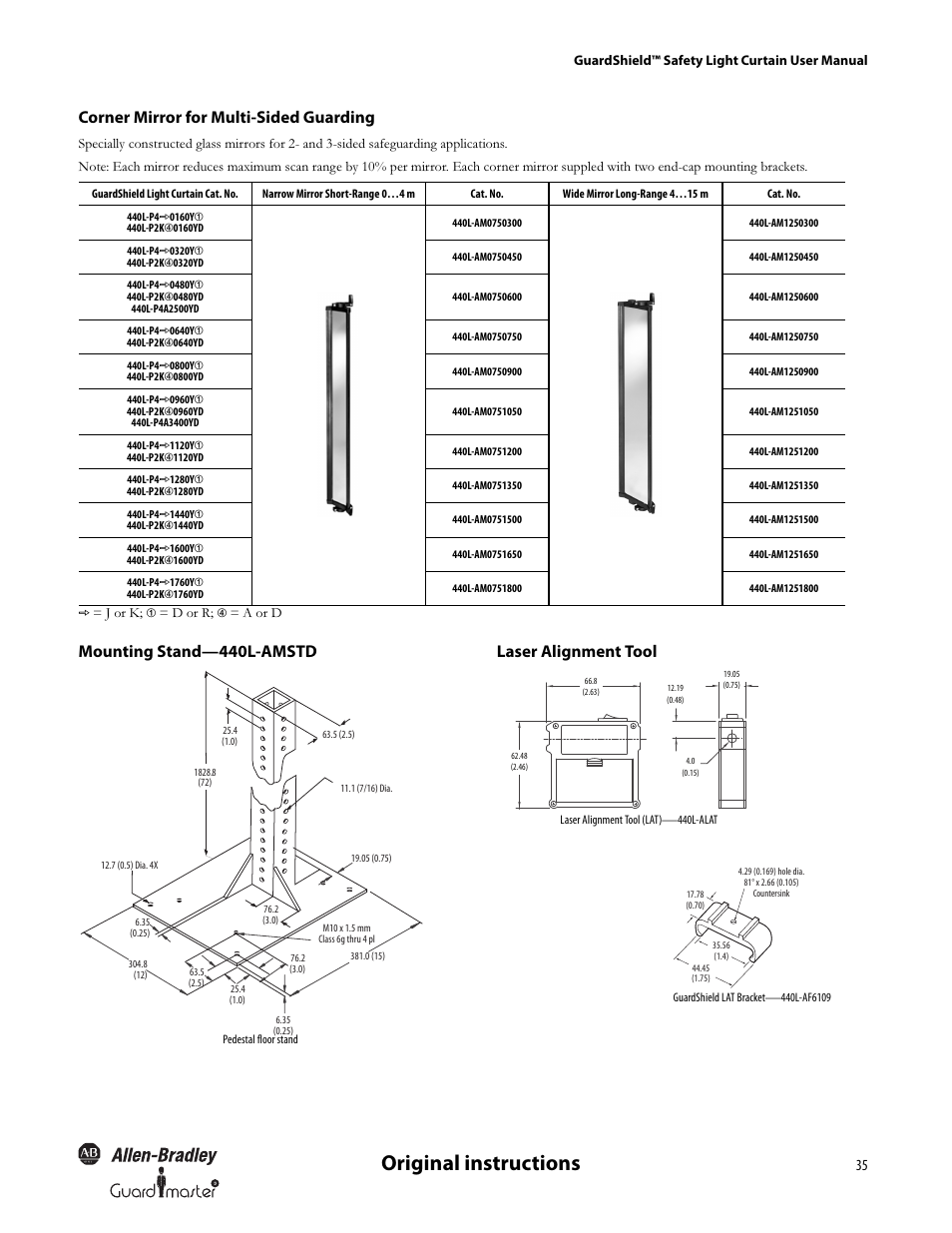 Original instructions, Corner mirror for multi-sided guarding, Mounting stand—440l-amstd laser alignment tool | Rockwell Automation 440L GuardShield Type 4 and Remote Teach User Manual User Manual | Page 37 / 44