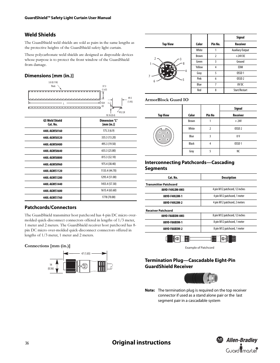 Original instructions, Weld shields, Dimensions [mm (in.)] patchcords/connectors | Connections [mm (in.)] armorblock guard io | Rockwell Automation 440L GuardShield Type 4 and Remote Teach User Manual User Manual | Page 38 / 44