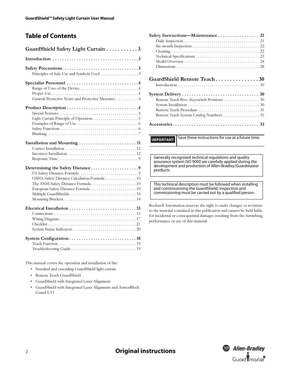 Original instructions table of contents | Rockwell Automation 440L GuardShield Type 4 and Remote Teach User Manual User Manual | Page 4 / 44