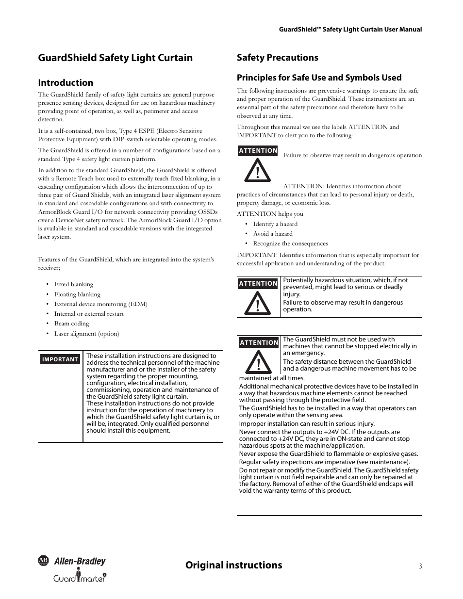 Introduction, Safety precautions, Principles for safe use and symbols used | Rockwell Automation 440L GuardShield Type 4 and Remote Teach User Manual User Manual | Page 5 / 44