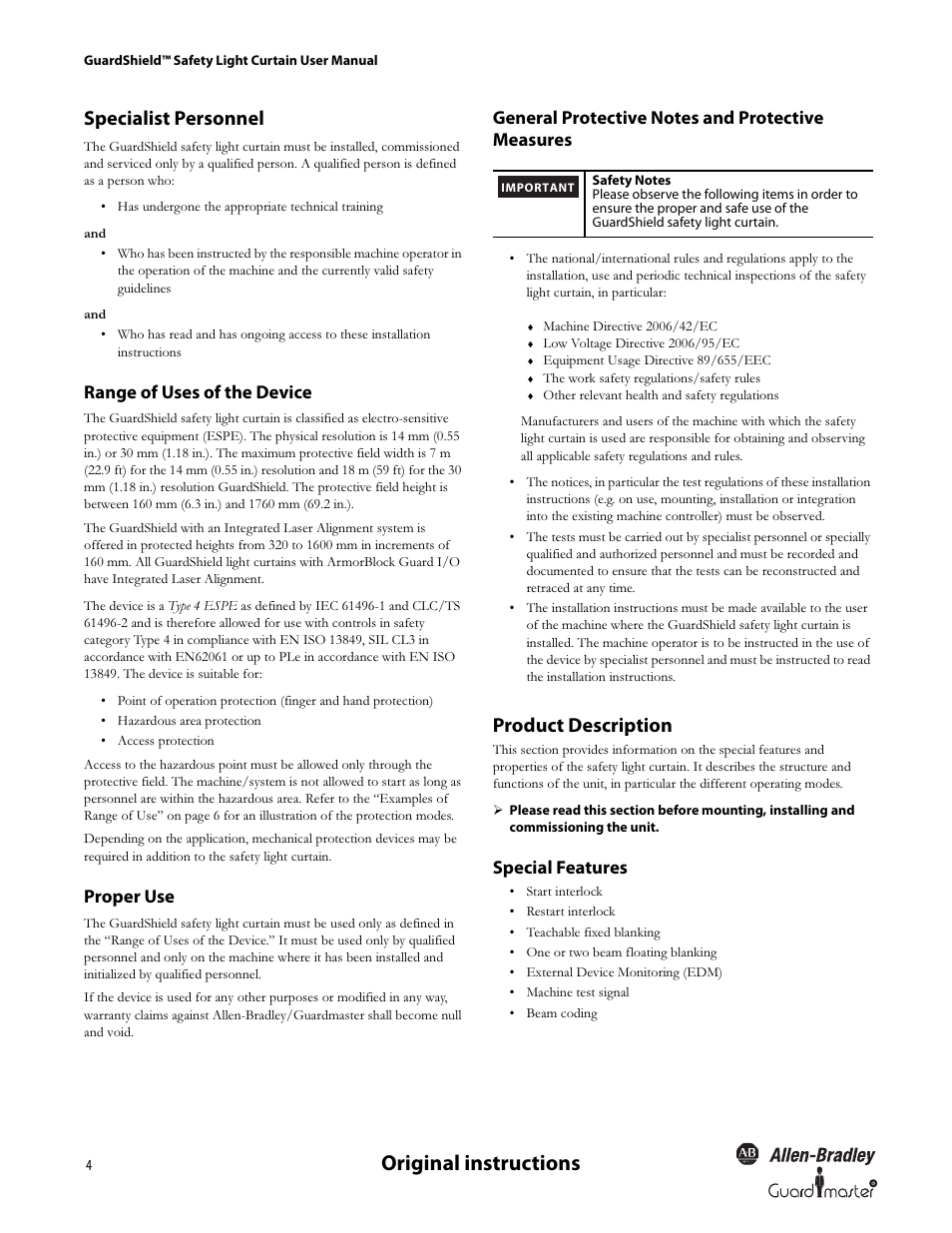 Original instructions, Specialist personnel, Product description | Range of uses of the device, Proper use, Special features | Rockwell Automation 440L GuardShield Type 4 and Remote Teach User Manual User Manual | Page 6 / 44