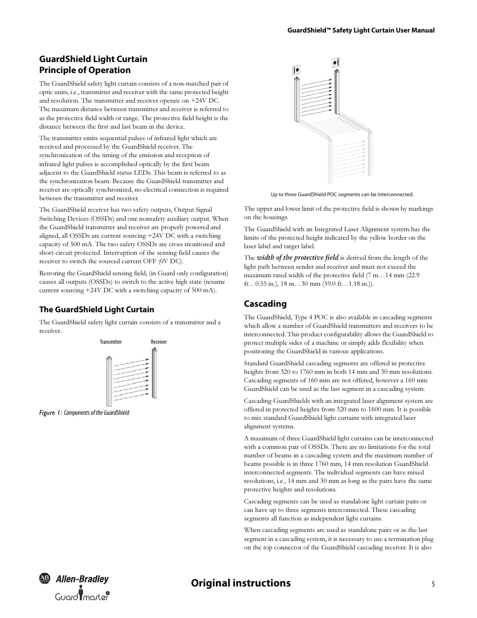 Original instructions, Guardshield light curtain principle of operation, Cascading | Rockwell Automation 440L GuardShield Type 4 and Remote Teach User Manual User Manual | Page 7 / 44