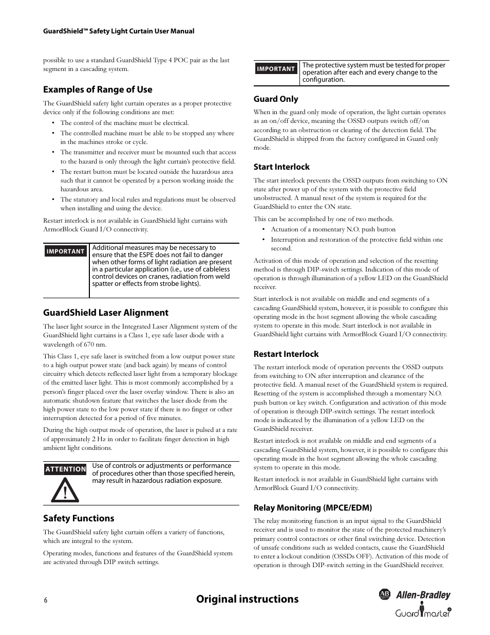 Original instructions, Examples of range of use, Guardshield laser alignment | Safety functions | Rockwell Automation 440L GuardShield Type 4 and Remote Teach User Manual User Manual | Page 8 / 44