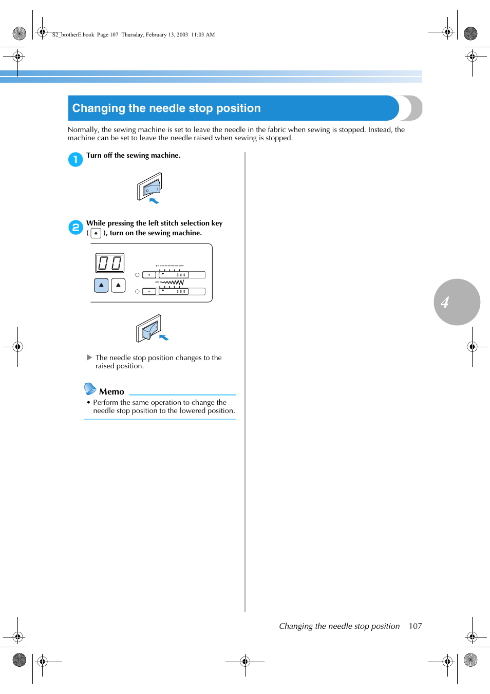 Changing the needle stop position | Brother CS 80 User Manual | Page 113 / 115