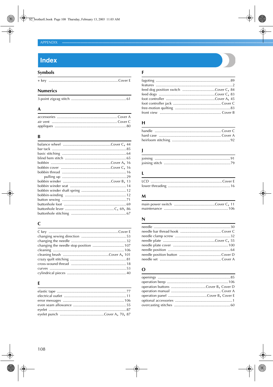 Index | Brother CS 80 User Manual | Page 114 / 115