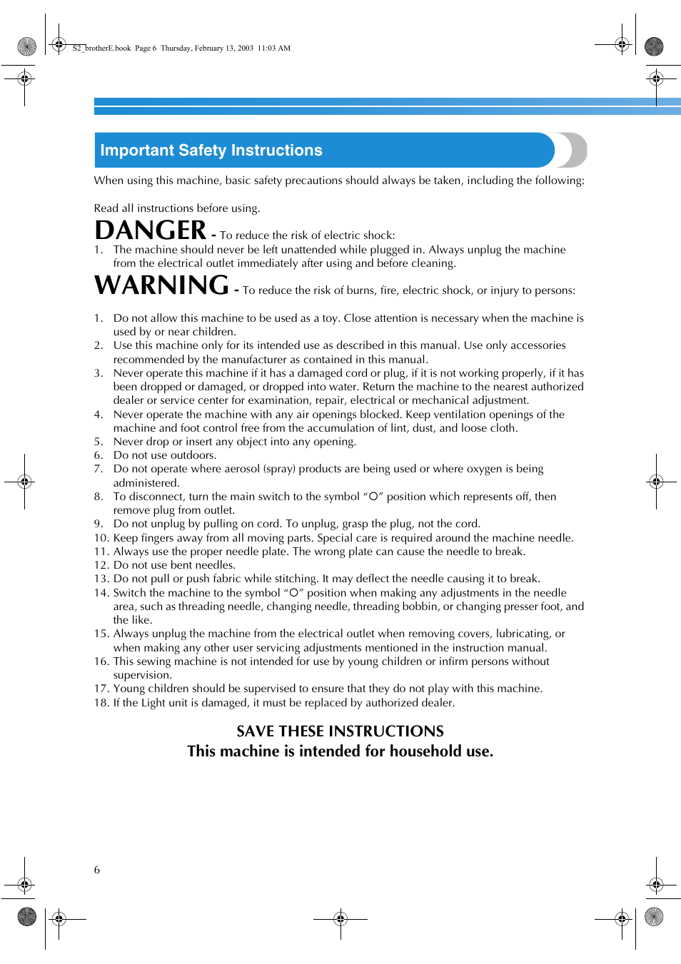 Danger, Warning, Important safety instructions | Brother CS 80 User Manual | Page 12 / 115