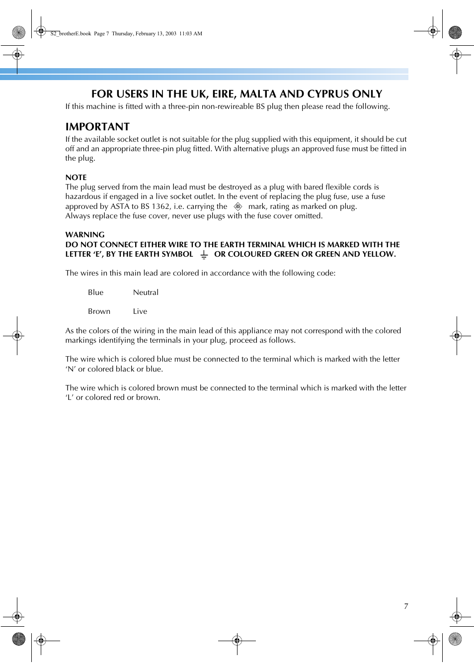 For users in the uk, eire, malta and cyprus only, Important | Brother CS 80 User Manual | Page 13 / 115