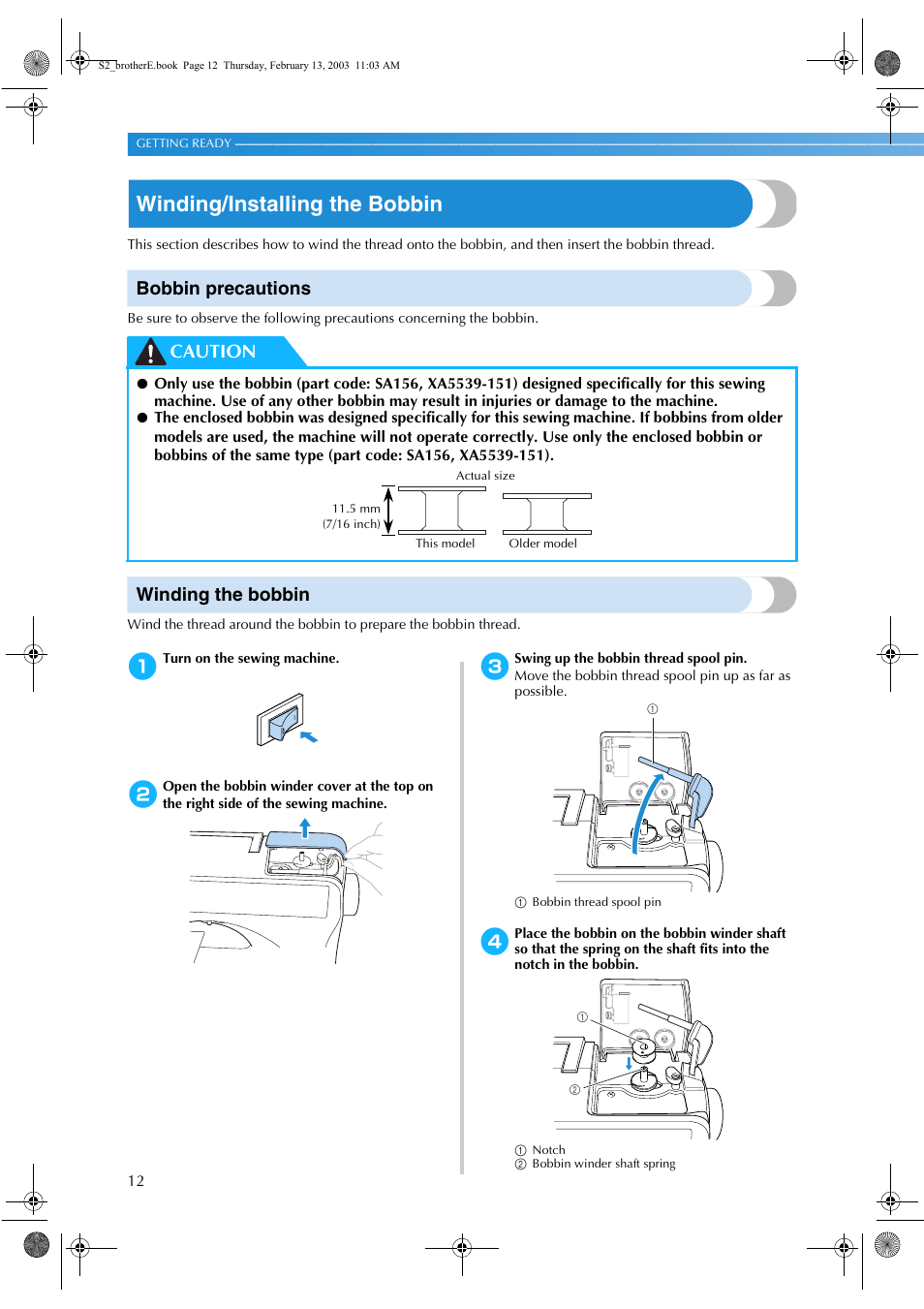 Winding/installing the bobbin, Bobbin precautions, Winding the bobbin | Caution | Brother CS 80 User Manual | Page 18 / 115