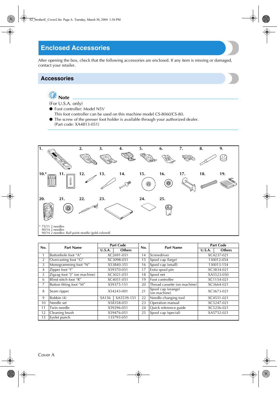 Enclosed accessories, Accessories | Brother CS 80 User Manual | Page 2 / 115