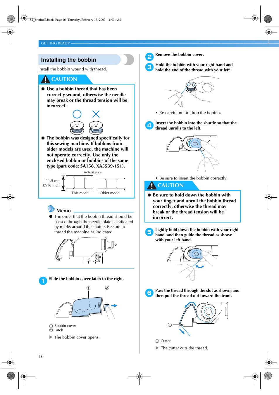 Installing the bobbin, Caution | Brother CS 80 User Manual | Page 22 / 115