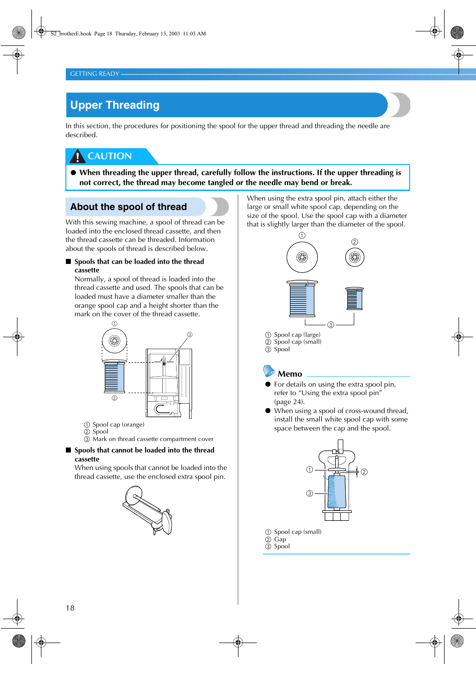 Upper threading, About the spool of thread, Caution | Brother CS 80 User Manual | Page 24 / 115