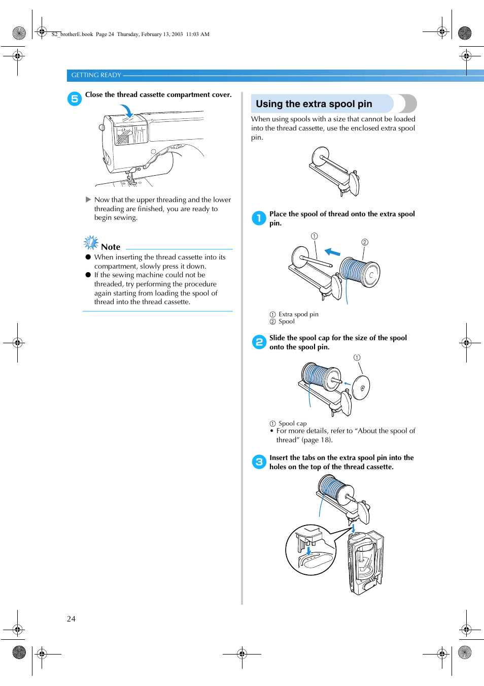 Using the extra spool pin | Brother CS 80 User Manual | Page 30 / 115