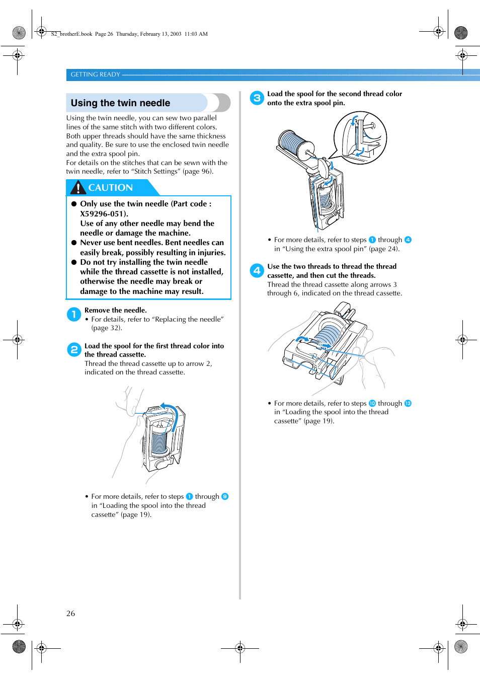 Using the twin needle, Caution | Brother CS 80 User Manual | Page 32 / 115