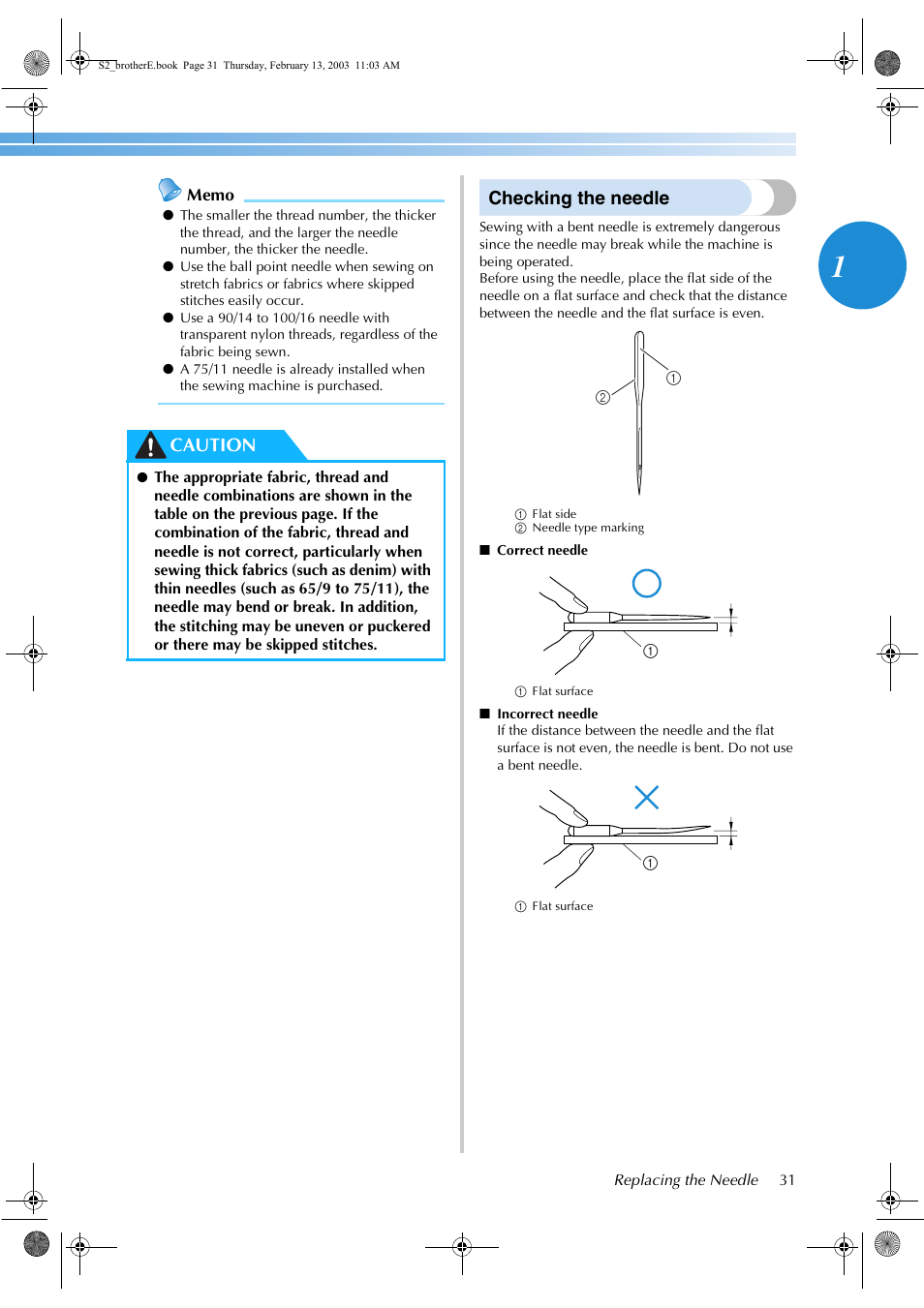 Checking the needle, Caution | Brother CS 80 User Manual | Page 37 / 115