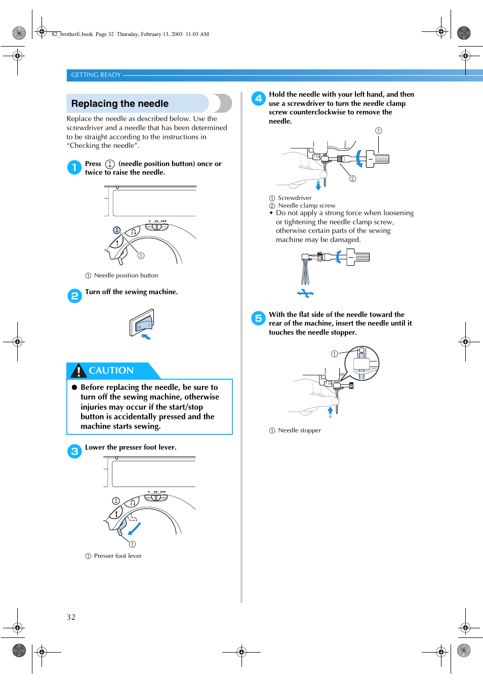 Replacing the needle, Caution | Brother CS 80 User Manual | Page 38 / 115