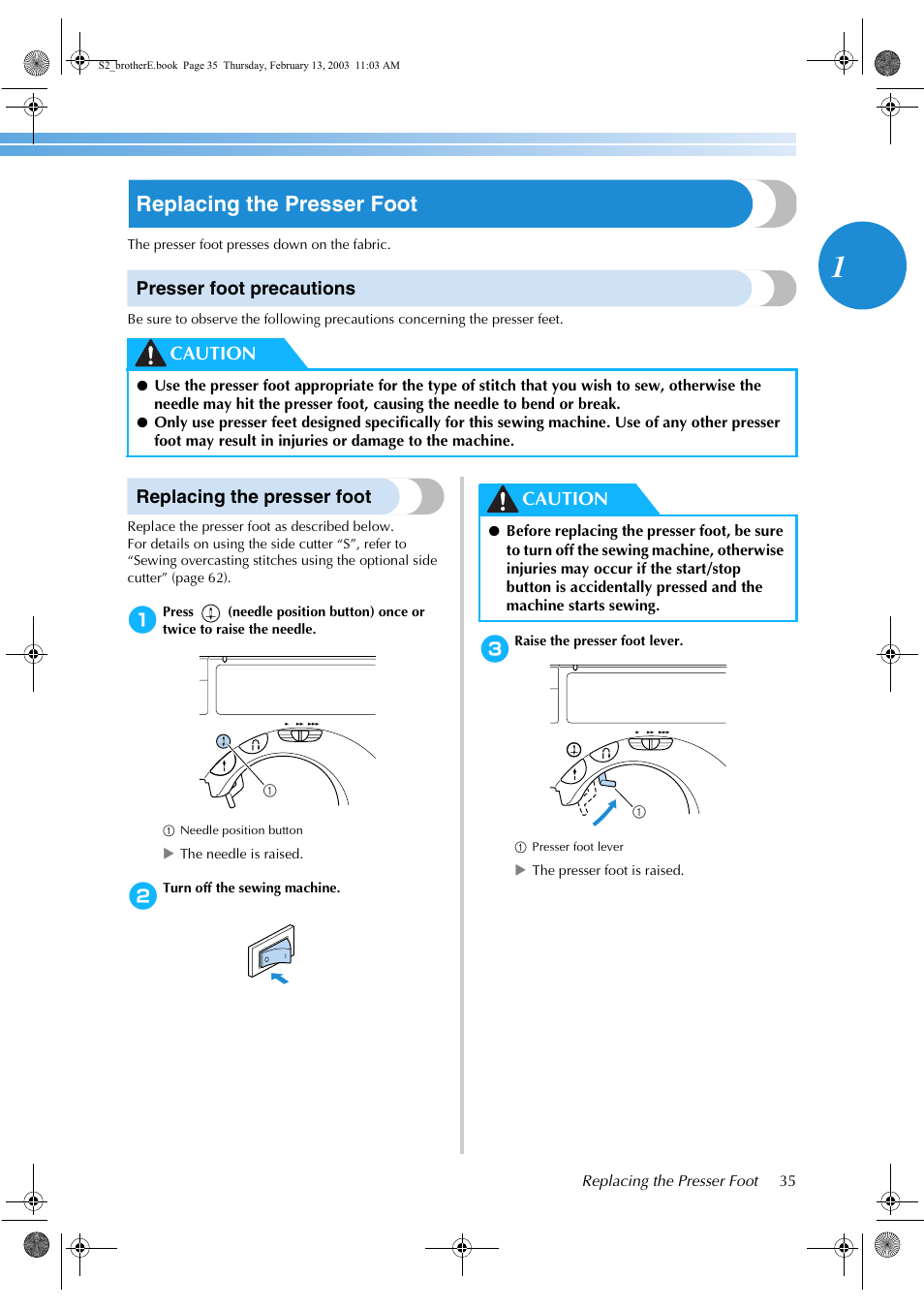 Replacing the presser foot, Presser foot precautions, Caution | Brother CS 80 User Manual | Page 41 / 115