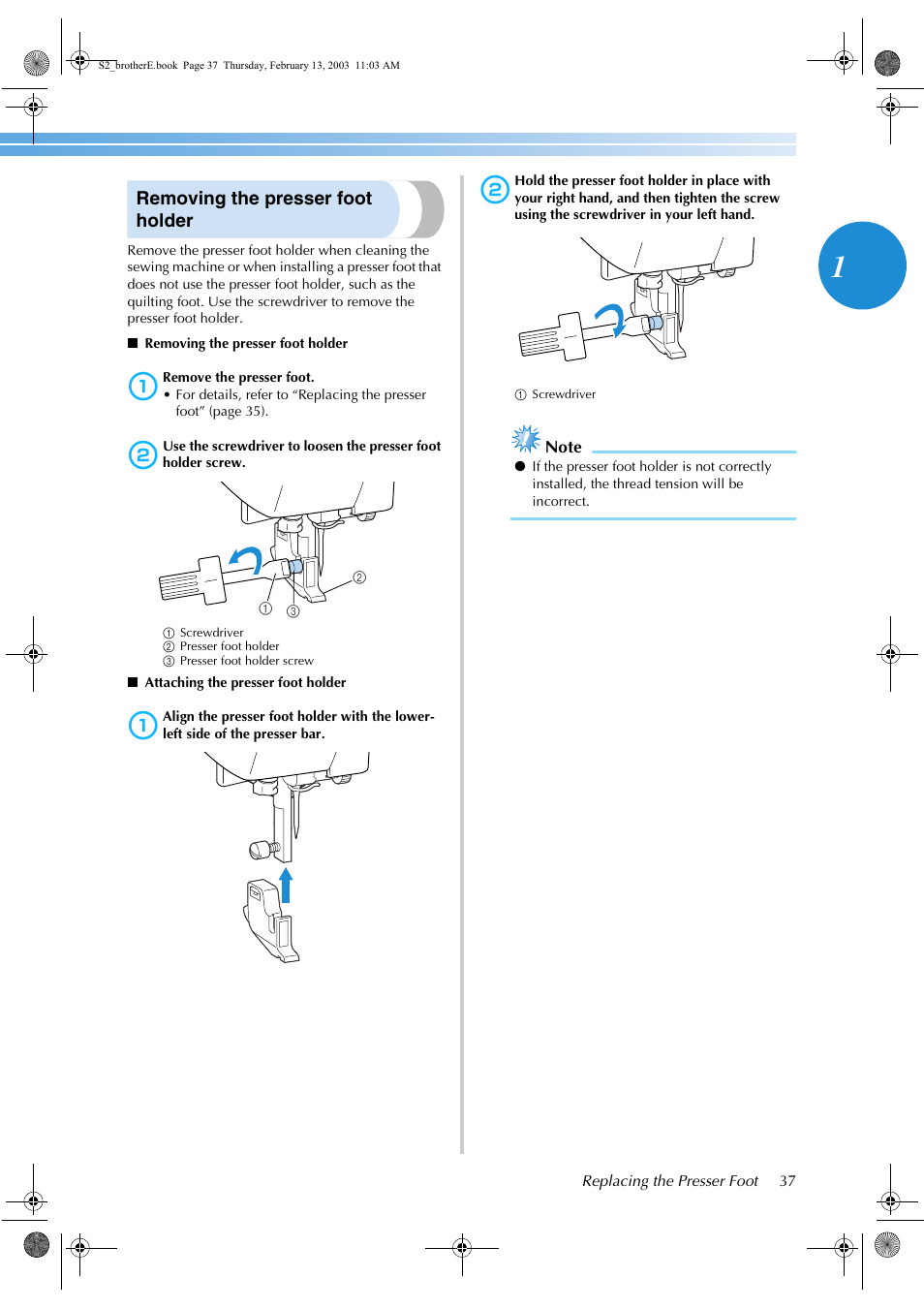 Removing the presser foot holder | Brother CS 80 User Manual | Page 43 / 115