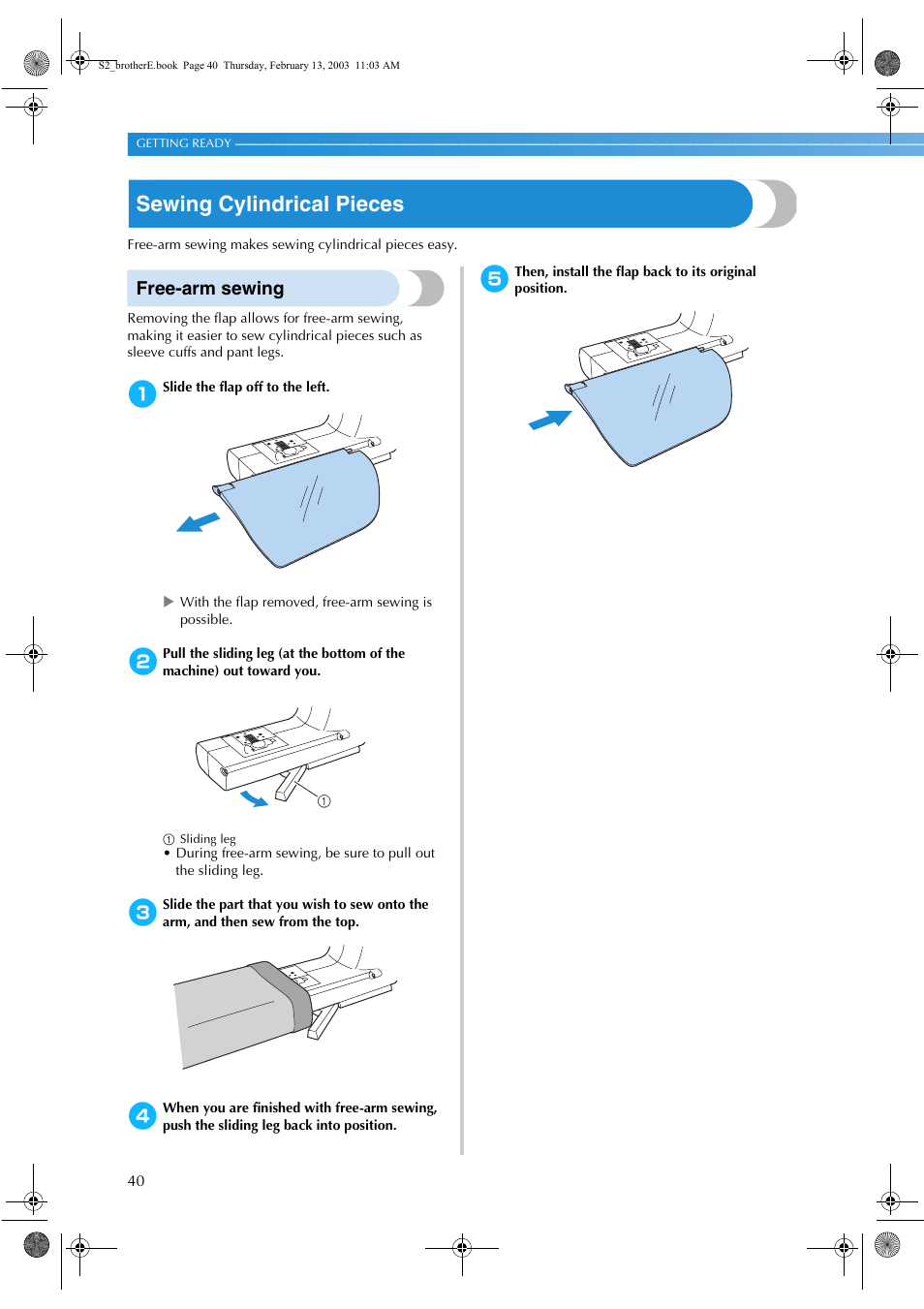 Sewing cylindrical pieces, Free-arm sewing | Brother CS 80 User Manual | Page 46 / 115