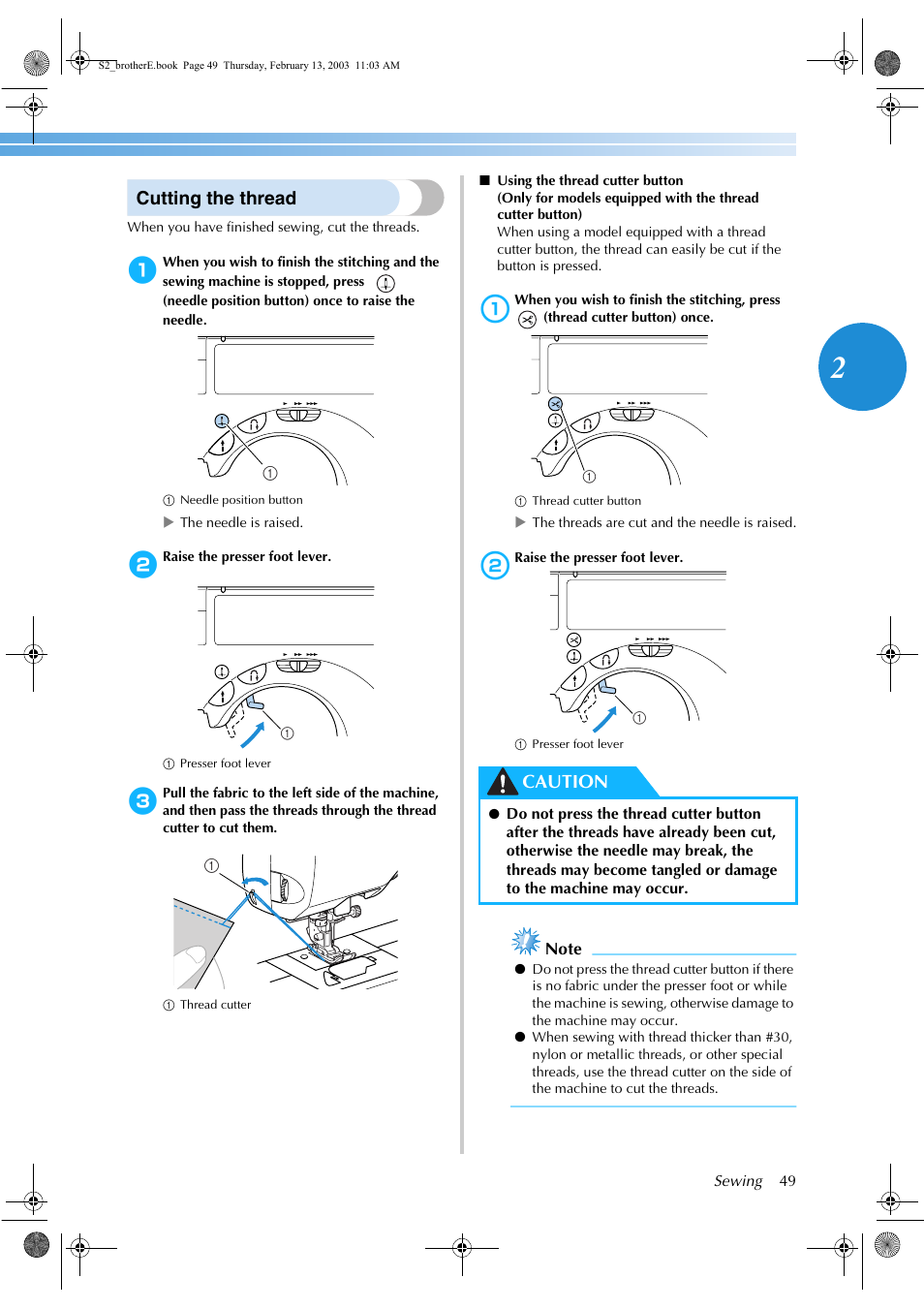 Cutting the thread, Caution | Brother CS 80 User Manual | Page 55 / 115