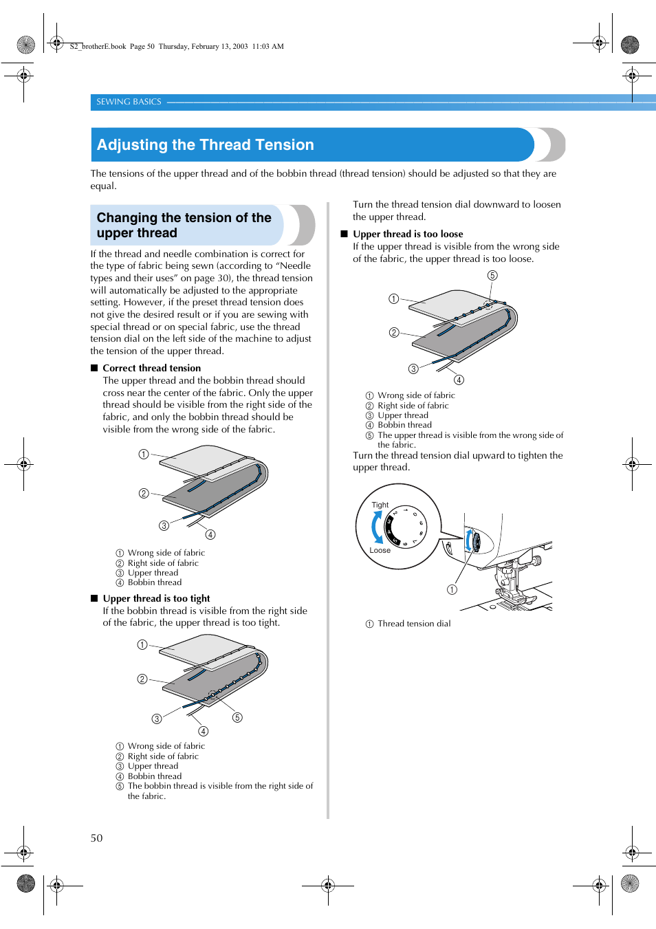 Adjusting the thread tension, Changing the tension of the upper thread | Brother CS 80 User Manual | Page 56 / 115