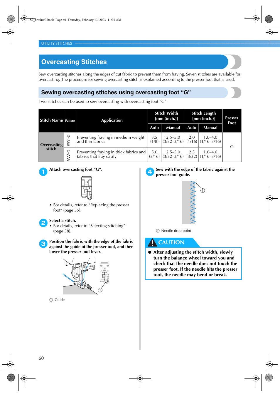 Overcasting stitches, Caution | Brother CS 80 User Manual | Page 66 / 115