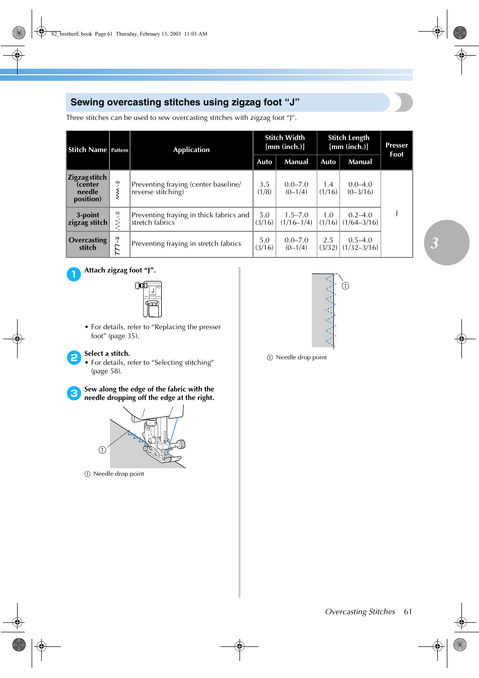 Sewing overcasting stitches using zigzag foot “j | Brother CS 80 User Manual | Page 67 / 115