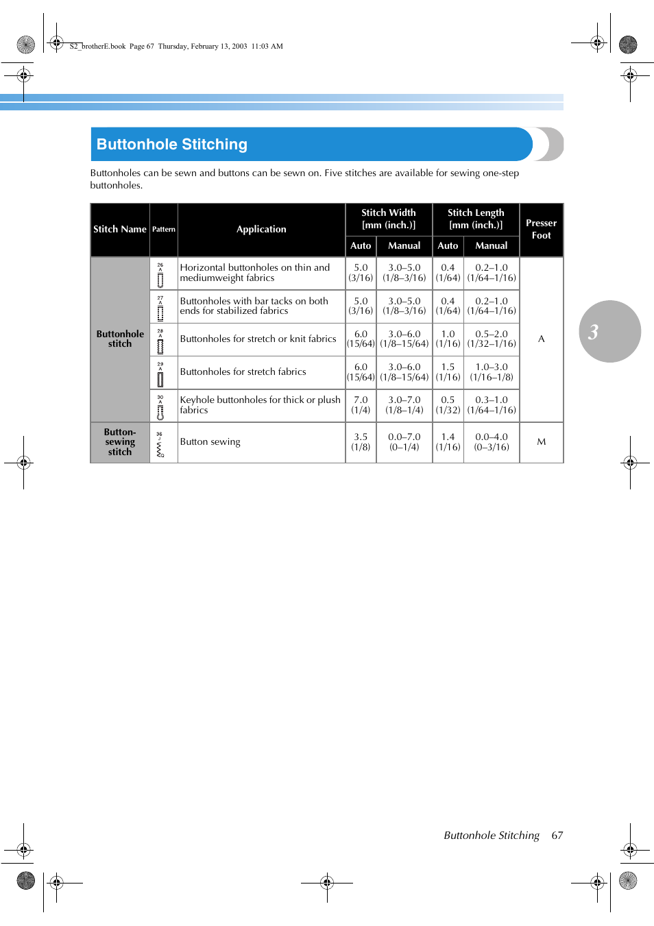 Buttonhole stitching | Brother CS 80 User Manual | Page 73 / 115