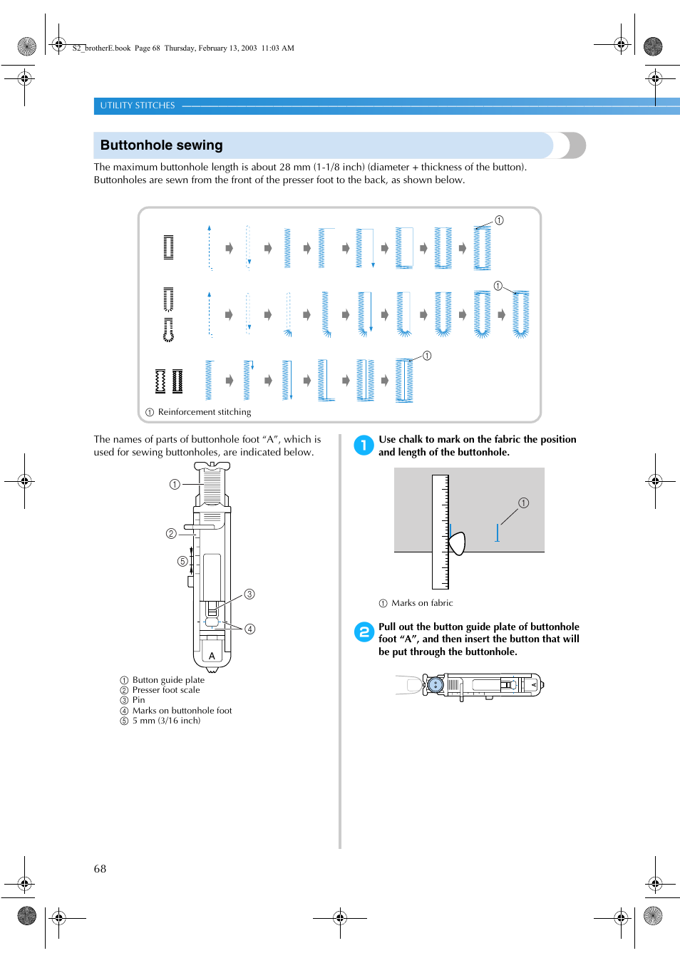 Buttonhole sewing | Brother CS 80 User Manual | Page 74 / 115