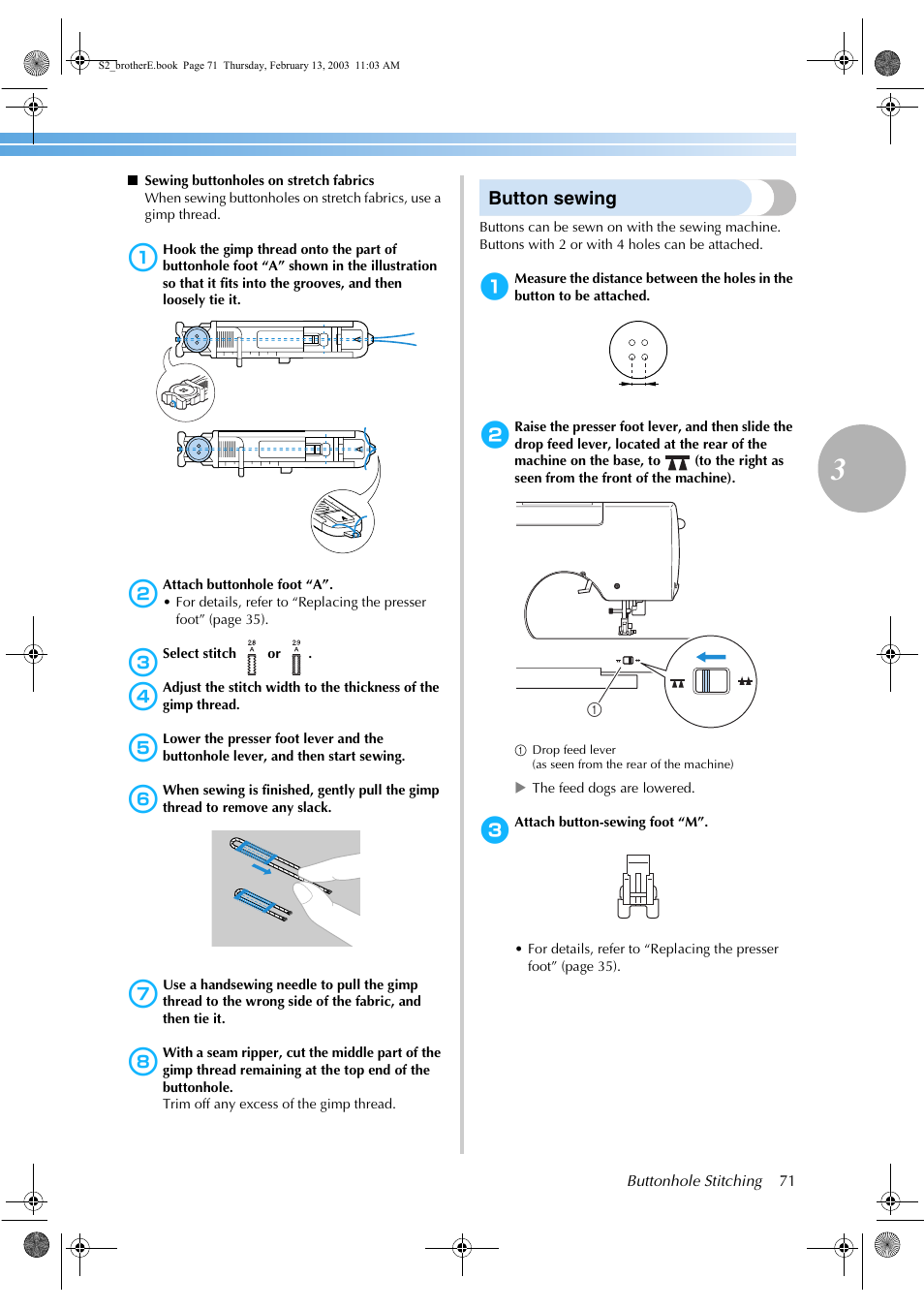 Button sewing | Brother CS 80 User Manual | Page 77 / 115