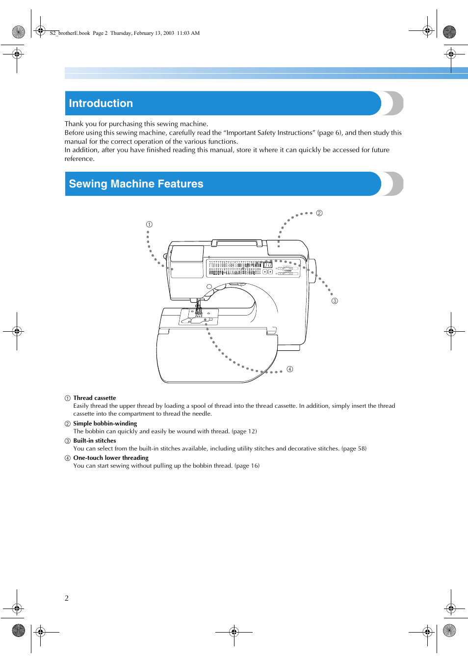 Introduction, Sewing machine features | Brother CS 80 User Manual | Page 8 / 115