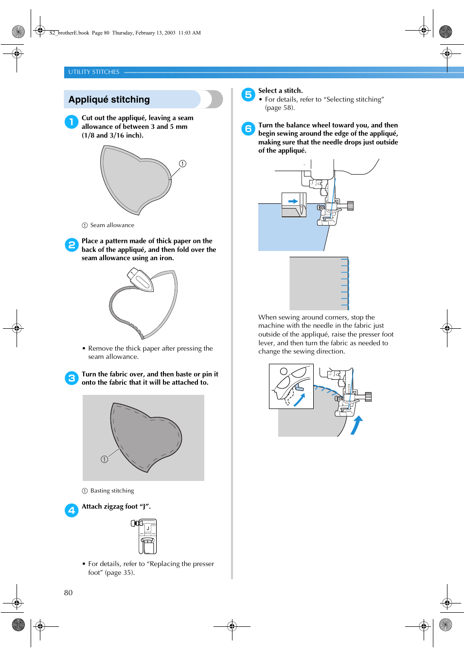 Appliqué stitching | Brother CS 80 User Manual | Page 86 / 115