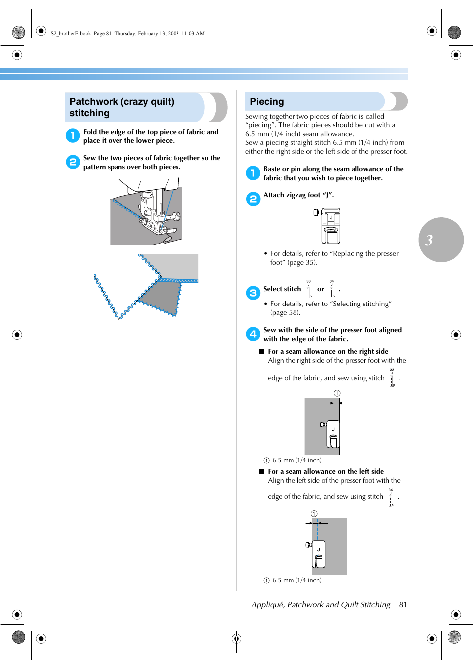 Patchwork (crazy quilt) stitching, Piecing | Brother CS 80 User Manual | Page 87 / 115