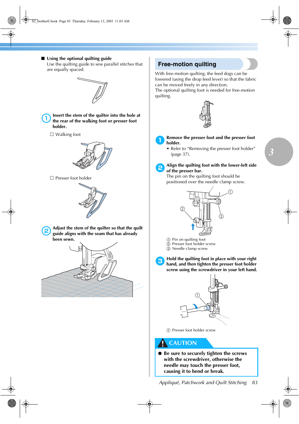 Free-motion quilting, Caution | Brother CS 80 User Manual | Page 89 / 115