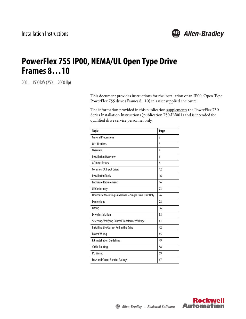 Rockwell Automation 20G PowerFlex 755 IP00 NEMA/UL Open Drive - Frames 8-10 User Manual | 76 pages