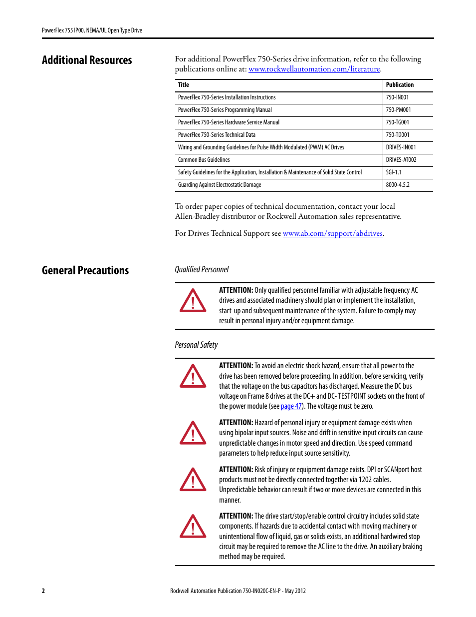 Additional resources, General precautions | Rockwell Automation 20G PowerFlex 755 IP00 NEMA/UL Open Drive - Frames 8-10 User Manual | Page 2 / 76