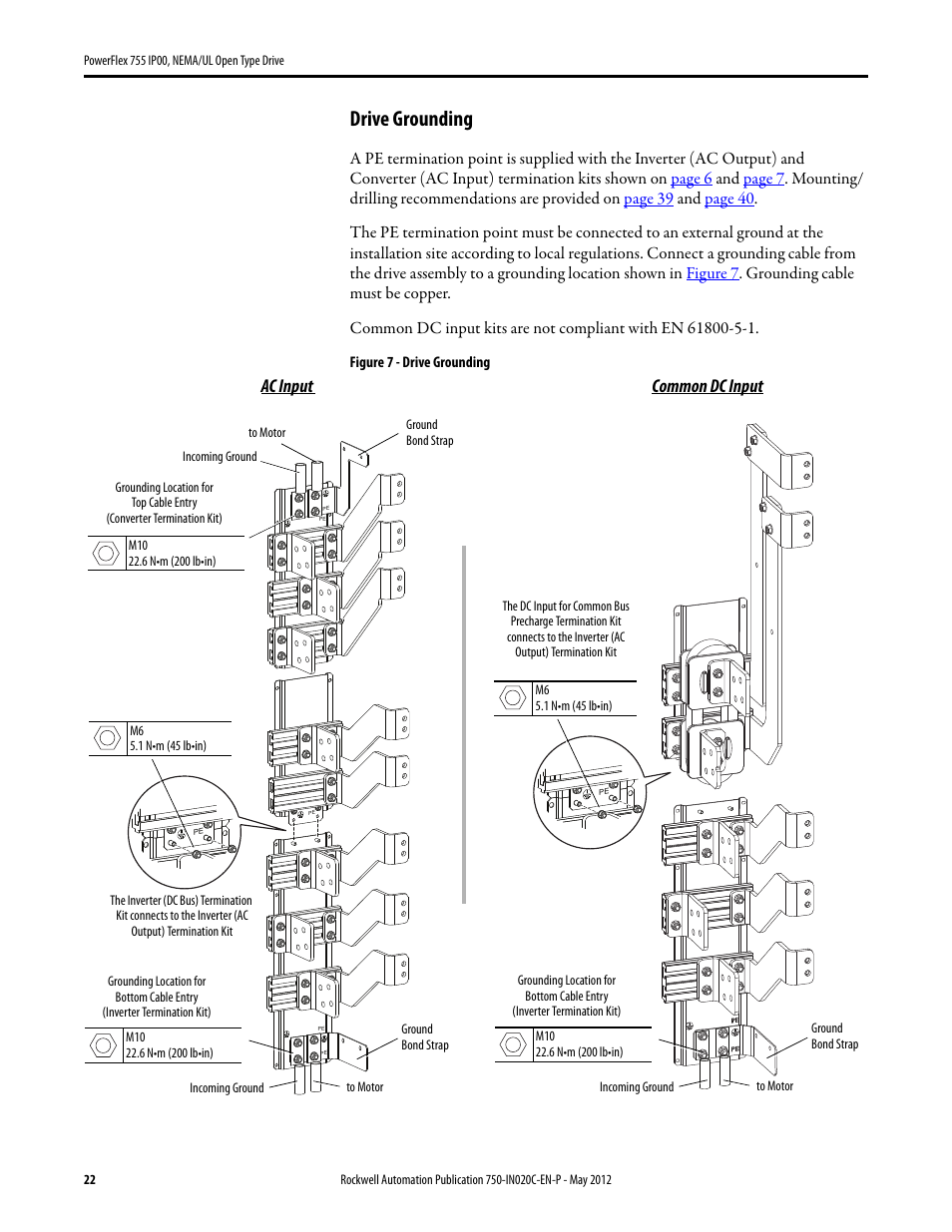 Drive grounding, Ac input common dc input | Rockwell Automation 20G PowerFlex 755 IP00 NEMA/UL Open Drive - Frames 8-10 User Manual | Page 22 / 76