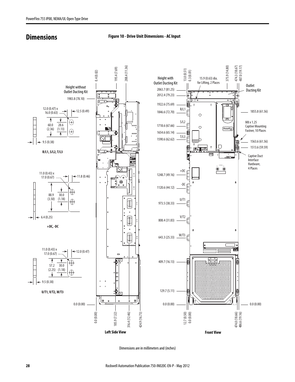 Dimensions, Figure 10 - drive unit dimensions - ac input | Rockwell Automation 20G PowerFlex 755 IP00 NEMA/UL Open Drive - Frames 8-10 User Manual | Page 28 / 76