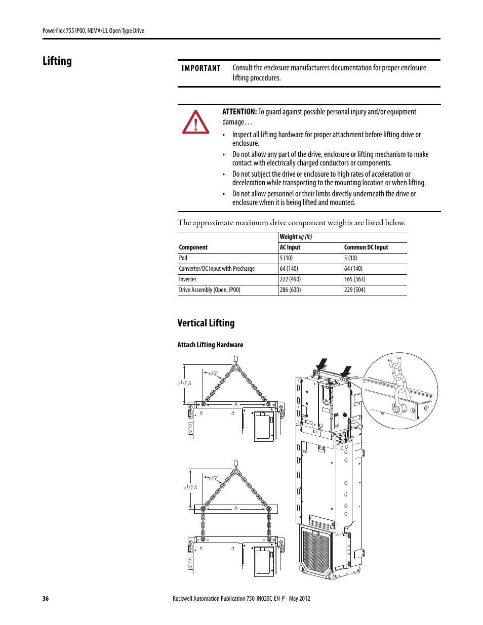 Lifting, Vertical lifting | Rockwell Automation 20G PowerFlex 755 IP00 NEMA/UL Open Drive - Frames 8-10 User Manual | Page 36 / 76