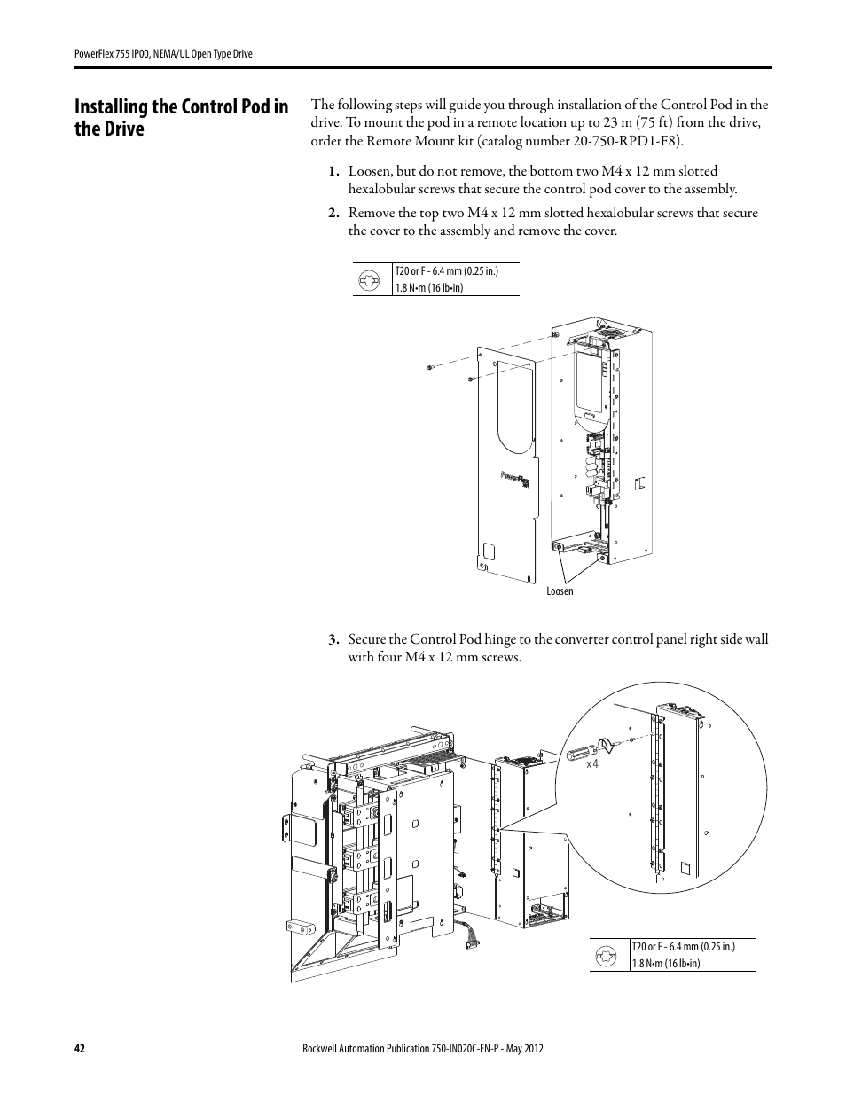 Installing the control pod in the drive | Rockwell Automation 20G PowerFlex 755 IP00 NEMA/UL Open Drive - Frames 8-10 User Manual | Page 42 / 76