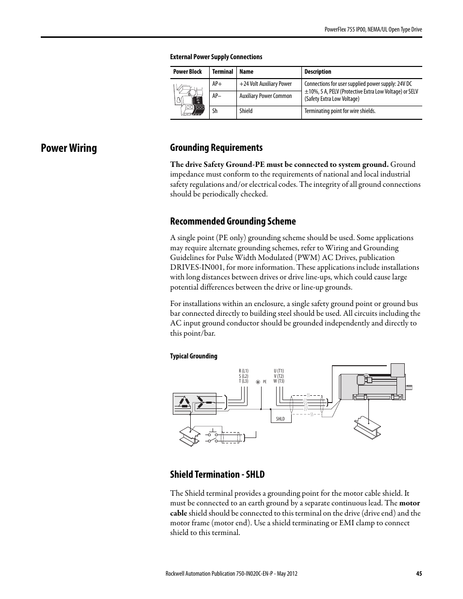 Power wiring, Grounding requirements, Recommended grounding scheme | Shield termination - shld | Rockwell Automation 20G PowerFlex 755 IP00 NEMA/UL Open Drive - Frames 8-10 User Manual | Page 45 / 76