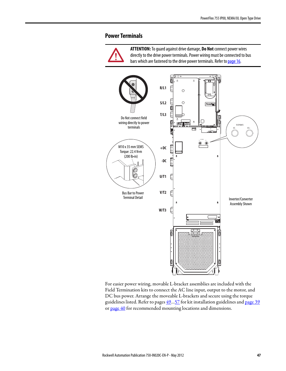 Power terminals | Rockwell Automation 20G PowerFlex 755 IP00 NEMA/UL Open Drive - Frames 8-10 User Manual | Page 47 / 76