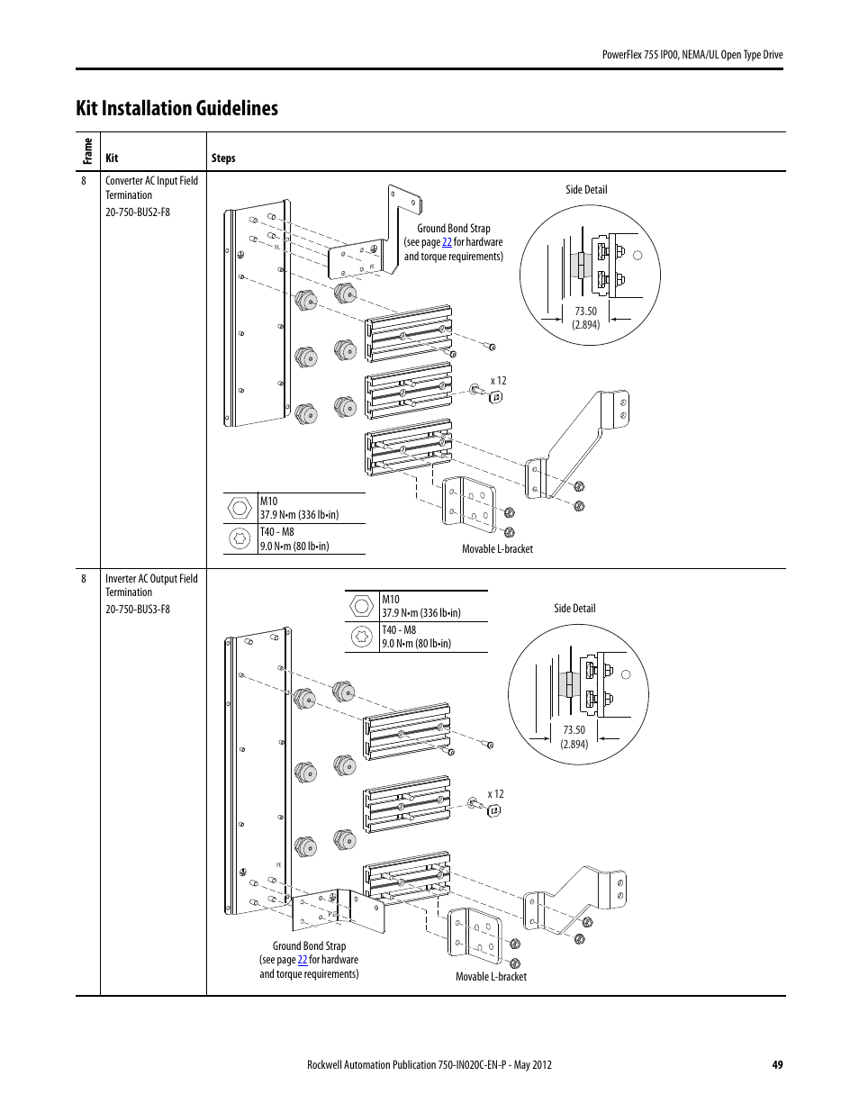 Kit installation guidelines | Rockwell Automation 20G PowerFlex 755 IP00 NEMA/UL Open Drive - Frames 8-10 User Manual | Page 49 / 76