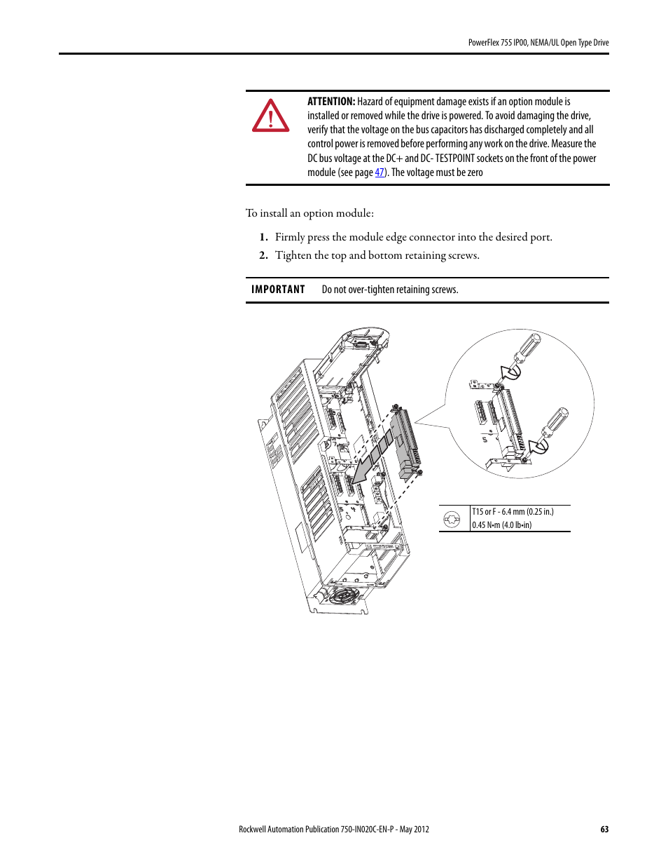 Rockwell Automation 20G PowerFlex 755 IP00 NEMA/UL Open Drive - Frames 8-10 User Manual | Page 63 / 76
