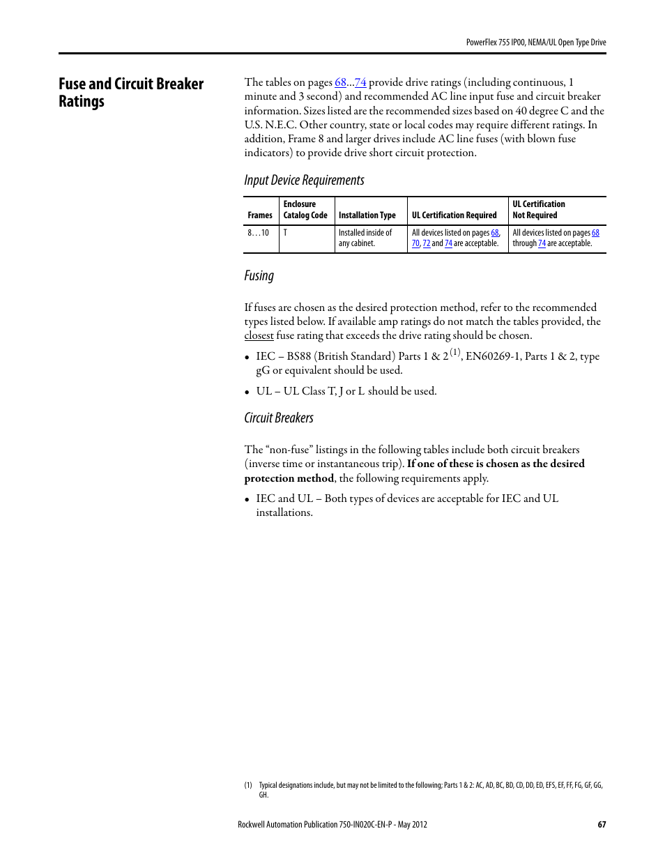 Fuse and circuit breaker ratings, Input device requirements fusing, Circuit breakers | Rockwell Automation 20G PowerFlex 755 IP00 NEMA/UL Open Drive - Frames 8-10 User Manual | Page 67 / 76