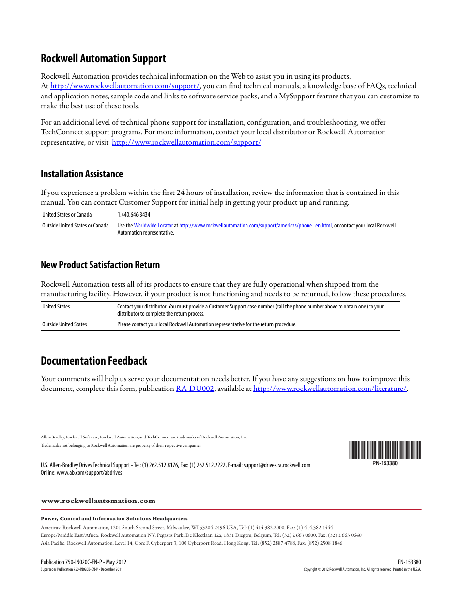 Back cover, Rockwell automation support, Documentation feedback | Installation assistance, New product satisfaction return | Rockwell Automation 20G PowerFlex 755 IP00 NEMA/UL Open Drive - Frames 8-10 User Manual | Page 76 / 76