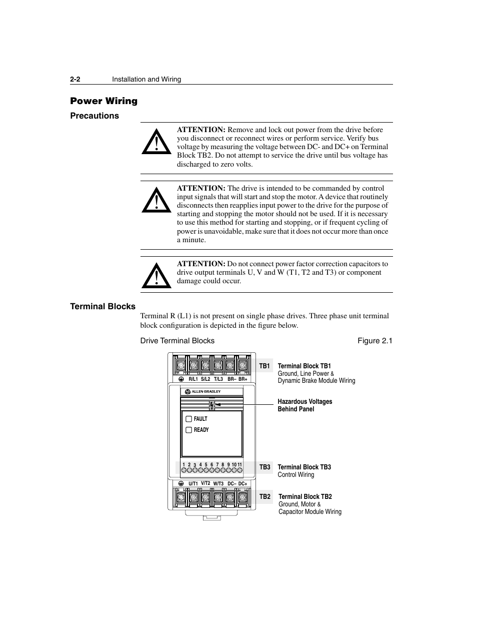 Power wiring, Precautions, Terminal blocks | Power wiring -2, Precautions -2 terminal blocks -2, Precautions terminal blocks | Rockwell Automation 160 SSC Series C FRN 7.xx User Manual | Page 14 / 88