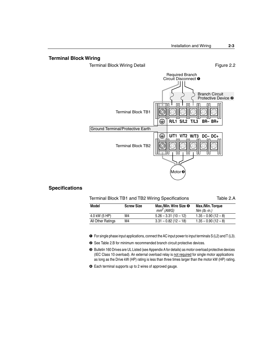 Terminal block wiring, Specifications, Terminal block wiring -3 specifications -3 | Rockwell Automation 160 SSC Series C FRN 7.xx User Manual | Page 15 / 88