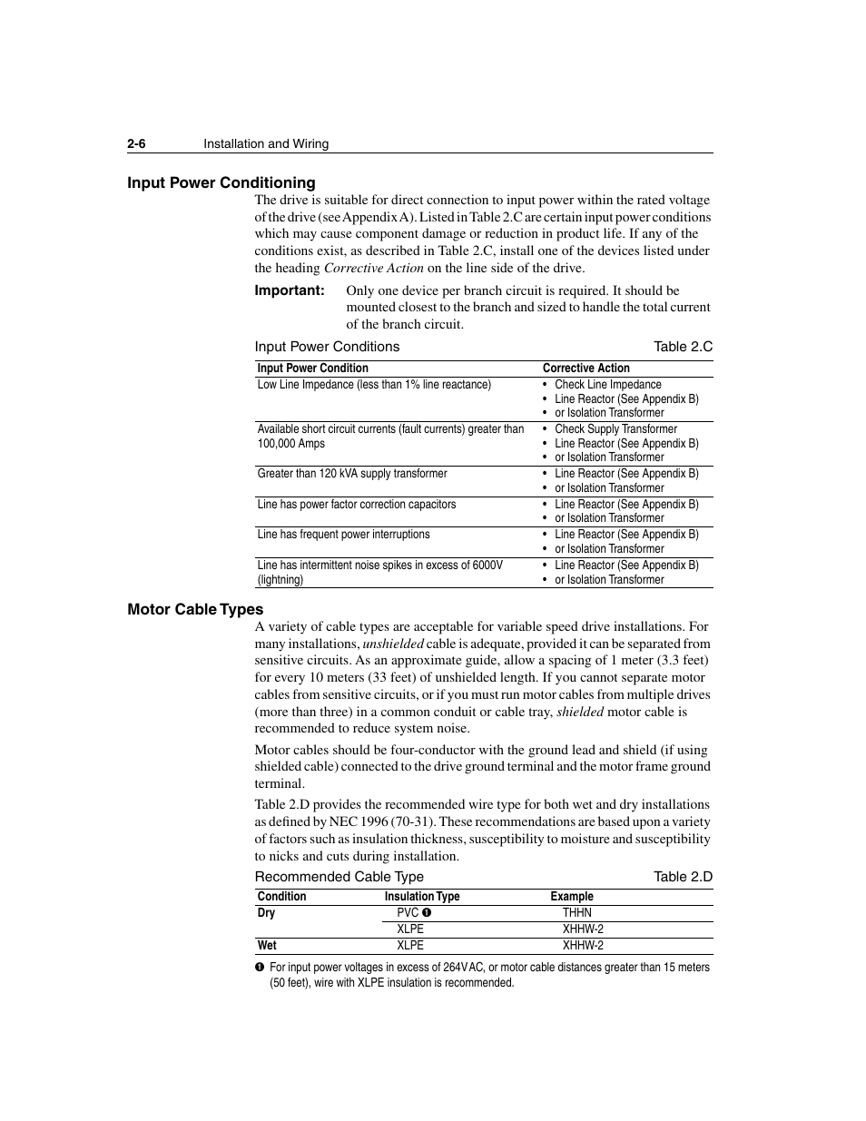 Input power conditioning, Motor cable types, Input power conditioning -6 motor cable types -6 | See table 2.c for an e, See table 2.d for recommended cable types | Rockwell Automation 160 SSC Series C FRN 7.xx User Manual | Page 18 / 88